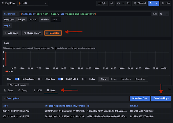 Using the inspector to download logs